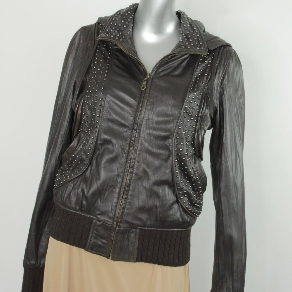 Cassandra Los Angeles Studded Leather Jacket with Detachable Hood and Sleeves